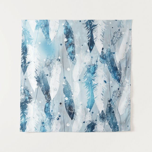 Falling Feathers: Blue Watercolor Seamless Tapestry (Front)