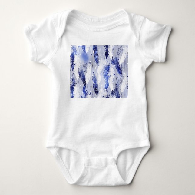 Falling feathers: watercolor blue pattern. baby bodysuit (Front)