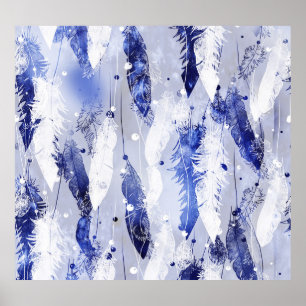 Falling feathers: watercolor blue pattern. poster