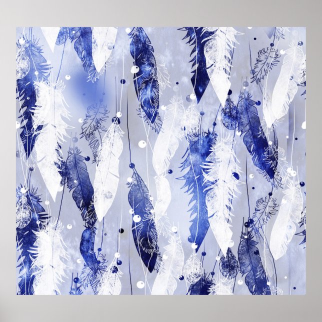 Falling feathers: watercolor blue pattern. poster (Front)