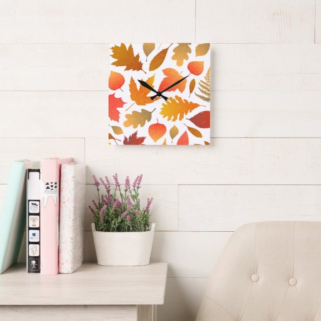 Falling for Autumn – Cosy Leaf Pattern Square Wall Clock (Reading Room)