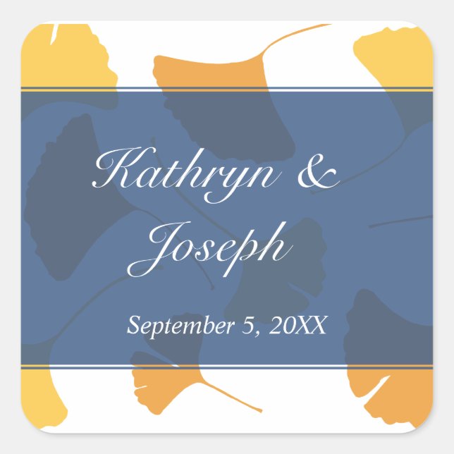 Falling ginkgo leaves blue wedding favour square sticker (Front)