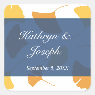 Falling ginkgo leaves blue wedding favour square sticker
