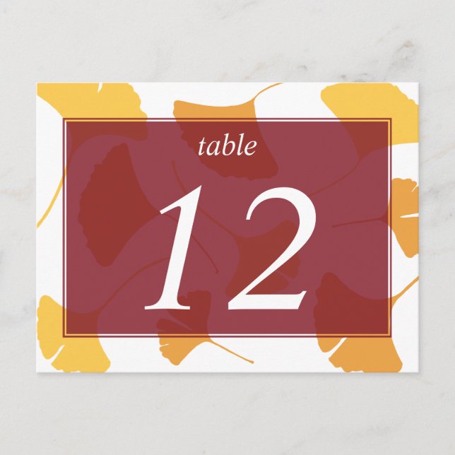 Falling ginkgo leaves maroon table number card (Front)