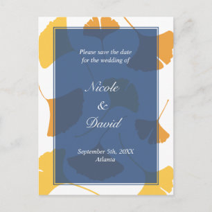 Falling ginkgo leaves navy wedding save the date announcement postcard