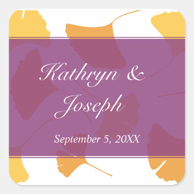 Falling ginkgo leaves purple wedding favour square sticker (Front)