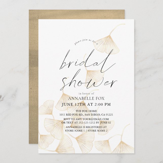 Falling Gold Ginkgo Leaves Bridal Shower Invitation (Front/Back)