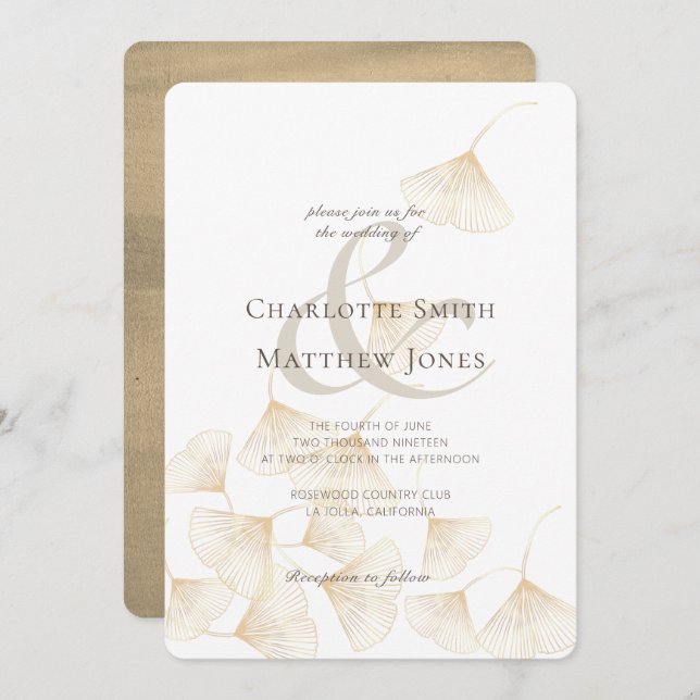 Falling Gold Ginkgo Leaves Elegant Wedding Invitation (Front/Back)
