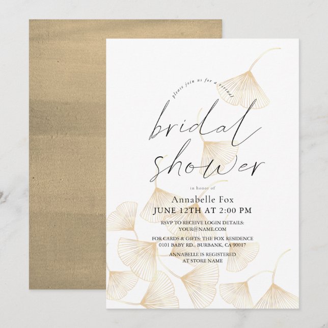 Falling Gold Ginkgo Leaves Virtual Bridal Shower Invitation (Front/Back)