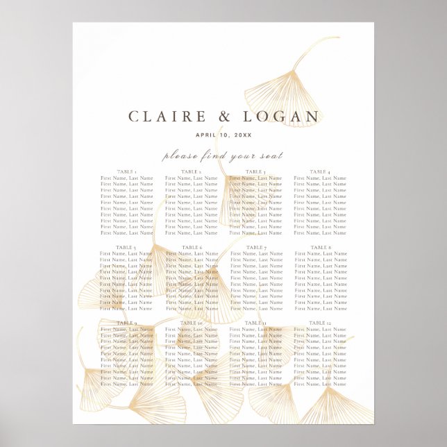 Falling Gold Ginkgo Leaves Wedding Seating Chart (Front)