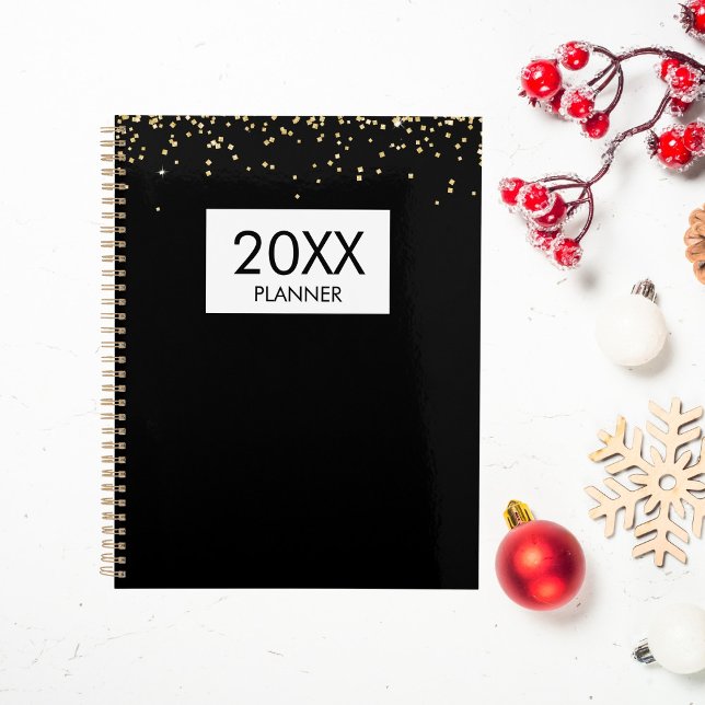 Falling Gold Glitter Personalized Black Yearly Planner (Creator Uploaded)