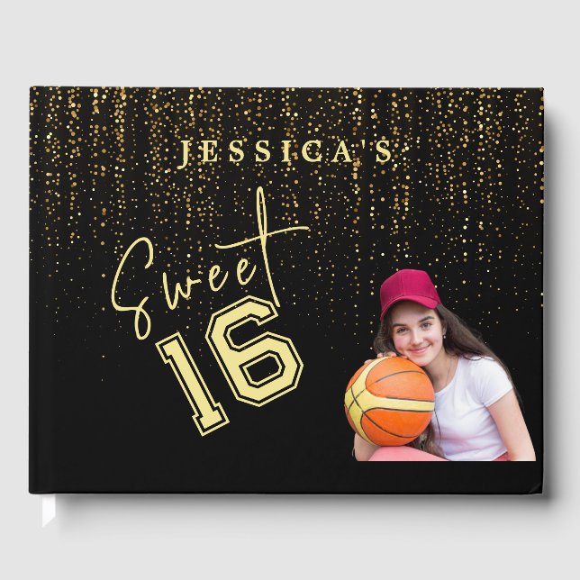 Falling Golden Sparkles Sweet Sixteen Birthday Guest Book (Front)