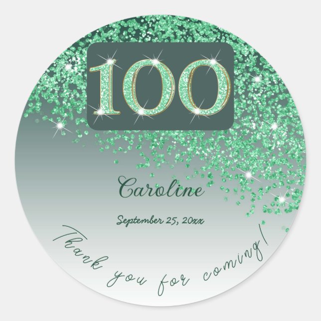 Falling Green Glitter, 100th Birthday Thanks Classic Round Sticker (Front)