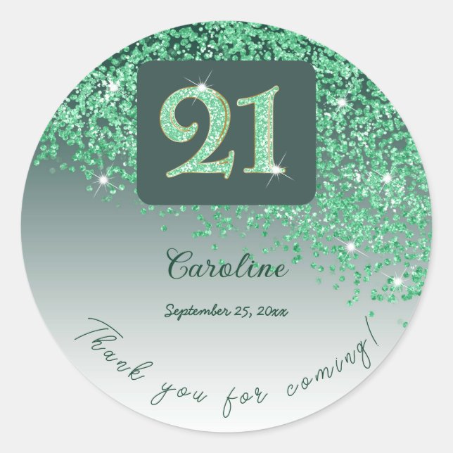 Falling Green Glitter, 21st Birthday Thanks Classic Round Sticker (Front)