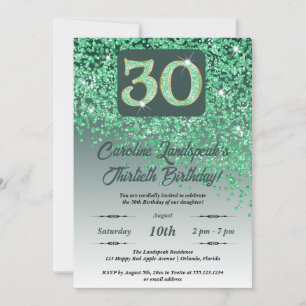Falling Green Glitter 30th Birthday Party Invitation