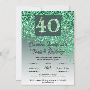 Falling Green Glitter 40th Birthday Party Invitation