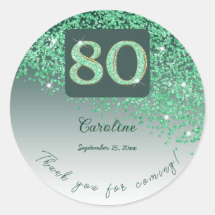 Falling Green Glitter, 80th Birthday Thanks Classic Round Sticker