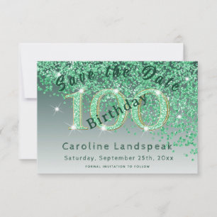 Falling Green Glitter for 100th Birthday Save The Date