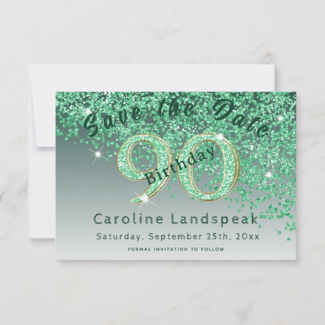 Falling Green Glitter for 90th Birthday Save The Date (Front)
