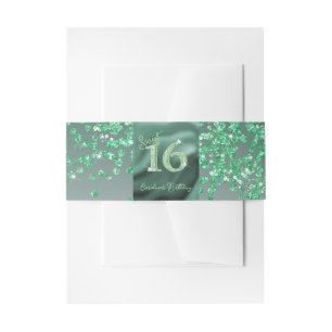 Falling Green Glitter Sweet 16, Green Foil Invitation Belly Band