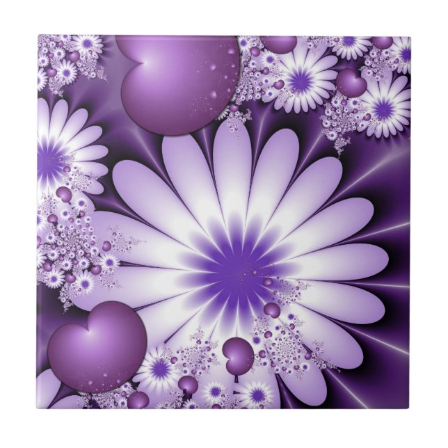 Falling in Love Abstract Flowers & Hearts Fractal Ceramic Tile (Front)
