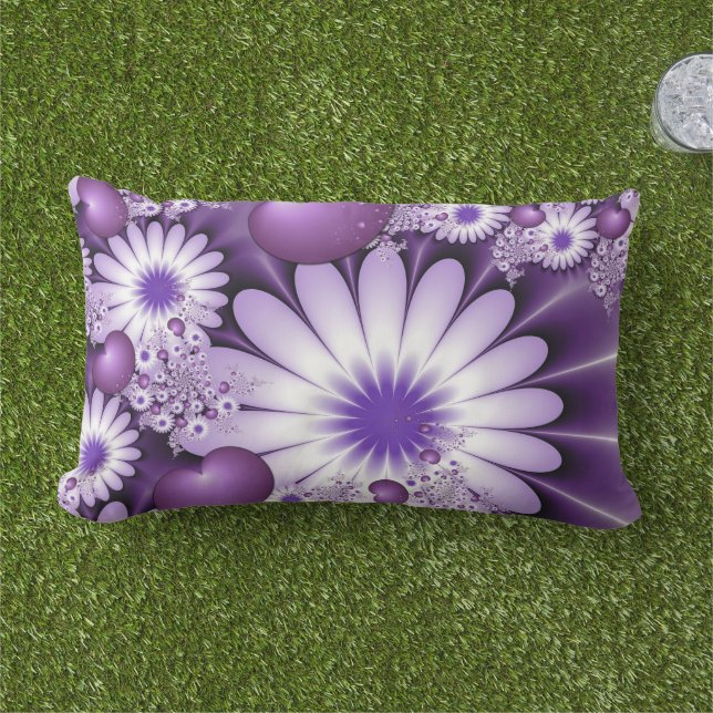 Falling in Love Abstract Flowers & Hearts Fractal Lumbar Cushion (Grass)