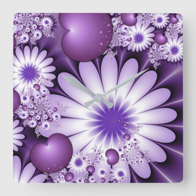 Falling in Love Abstract Flowers & Hearts Fractal Square Wall Clock (Front)