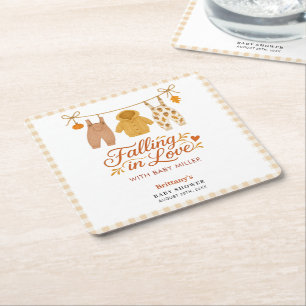 Falling in Love Autumn Baby Shower Square Paper Coaster
