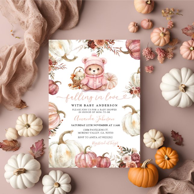 Falling in Love Autumn Pumpkin Bear Baby Shower Invitation (Creator Uploaded)