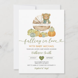 Falling in love Bear Pumpkin Baby shower Gingham Invitation