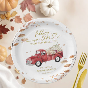 Falling In Love Fall Red Vintage Truck Baby Shower Paper Plate