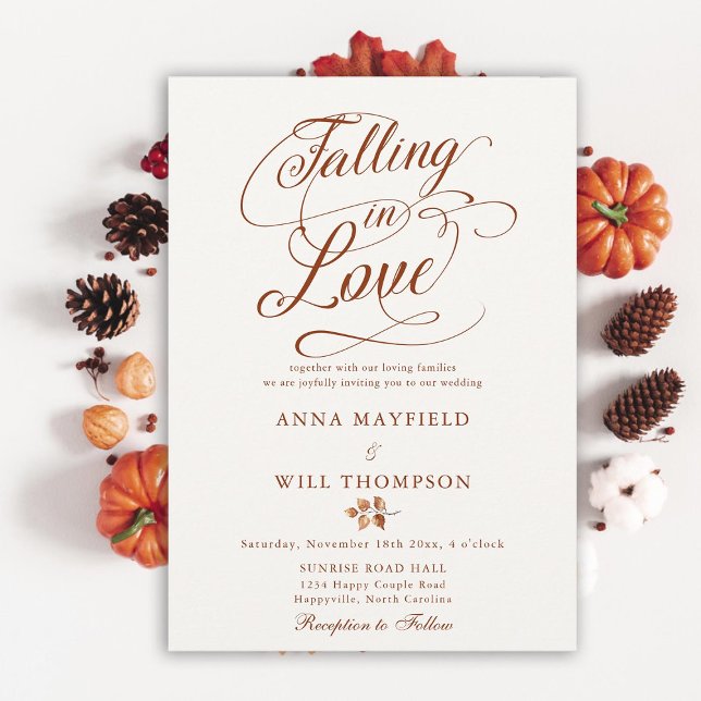 Falling in Love Leaf Romantic Calligraphy Wedding Invitation (falling in love wedding invitation autumn leaves terracotta romantic calligraphy elegant boho rustic)