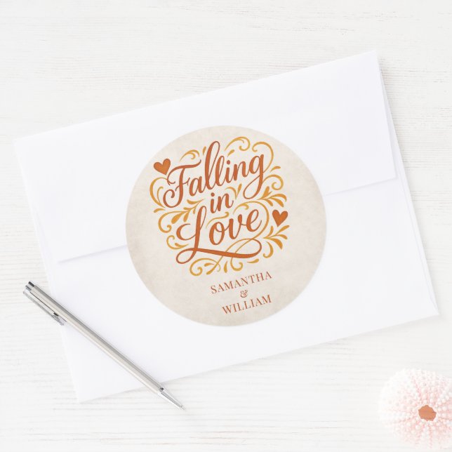 Falling in Love Modern Autumn Wedding  Classic Round Sticker (Envelope)