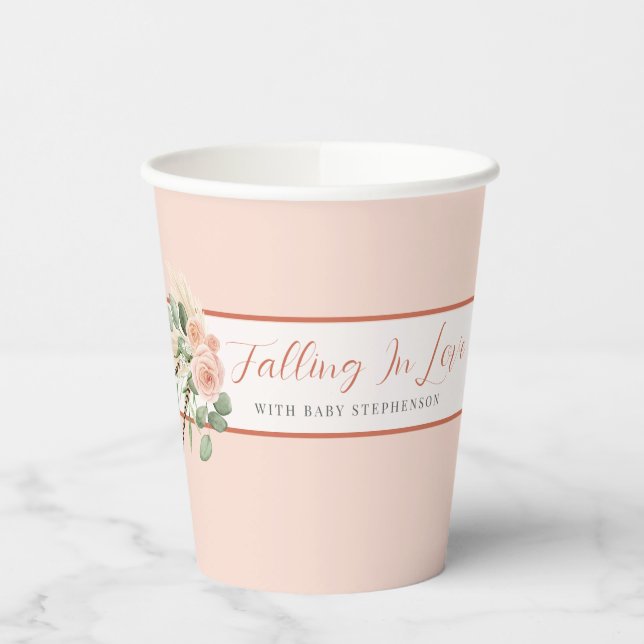 Falling In Love Pink & Orange Floral Baby Shower  Paper Cups (Left)