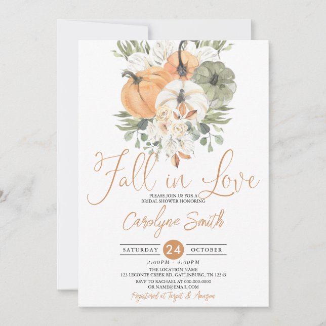 Falling in Love Pumpkin Autumn Bridal Shower Invitation (Front)
