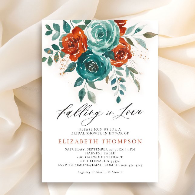 Falling in Love Teal Burnt Orange Bridal Shower Invitation (falling in love bridal shower invitation teal burnt orange terracotta watercolor floral botanical)