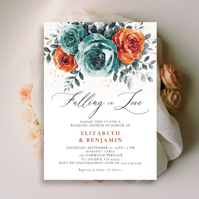 Falling in Love Teal Orange Wedding Bridal Shower Invitation (falling in love wedding shower invitation teal burnt orange terracotta watercolor floral botanical)