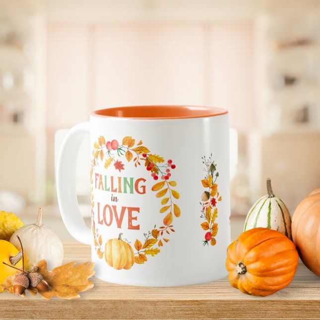 Falling in Love Wreath Autumn Leaves Pumpkin Two-Tone Coffee Mug (Falling in Love Wreath Autumn Leaves Pumpkin Two-Tone Coffee Mug)
