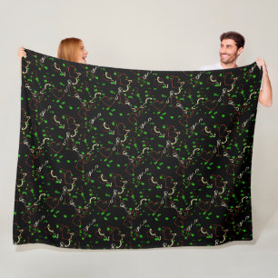 Falling leaves and red hearts on black background fleece blanket