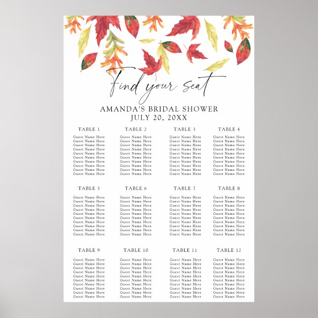 Falling leaves bridal shower seating chart (Front)