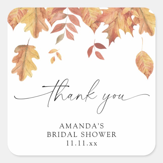 Falling leaves bridal shower square sticker (Front)