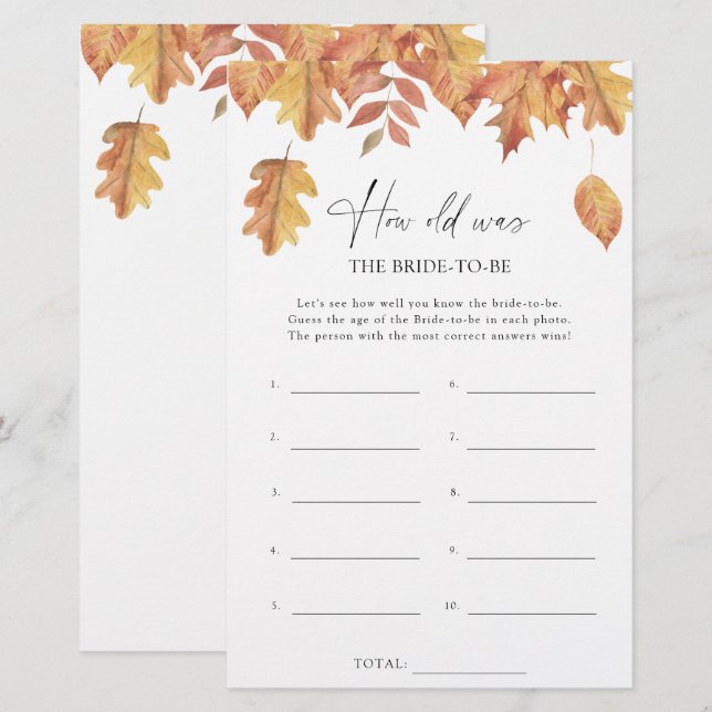 Falling leaves - How old was the bride to be game (Front/Back)
