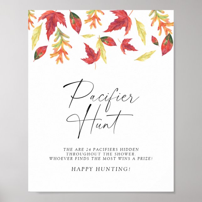 Falling leaves pacifier hunt baby shower game poster (Front)