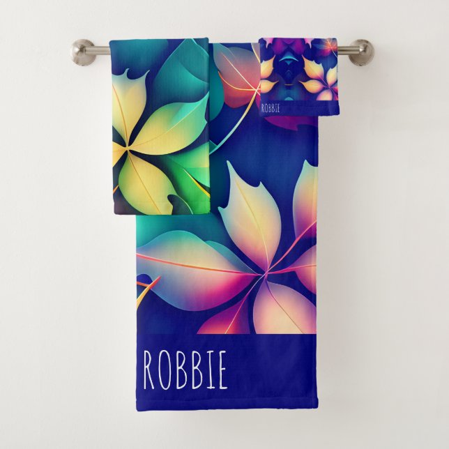 Falling leaves Violet Gradient Rainbow Pattern Bath Towel Set (Insitu)