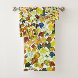 Falling Leaves Watercolor Pattern Golden Bath Towel Set