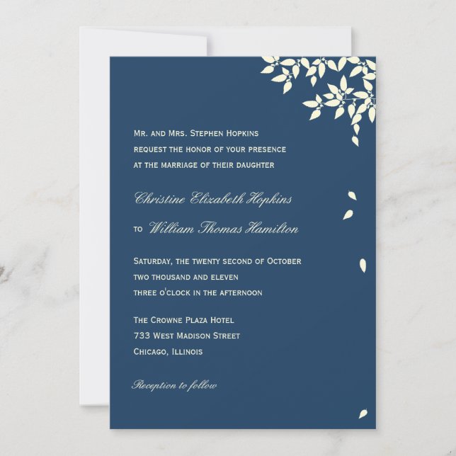 Falling Leaves Wedding Invitation (Navy) (Front)