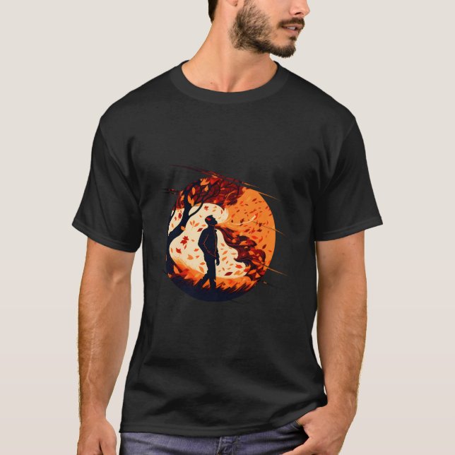 Falling Leaves With Walking Man In Autumn Season T-Shirt (Front)