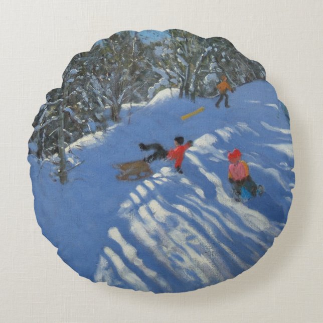 Falling off the Sledge Morzine Round Cushion (Front)