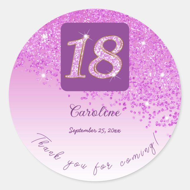 Falling Pink Glitter, 18th Birthday Thanks Classic Round Sticker (Front)