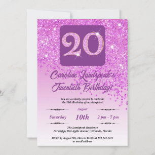 Falling Pink Glitter 20th Birthday Party	 Invitation